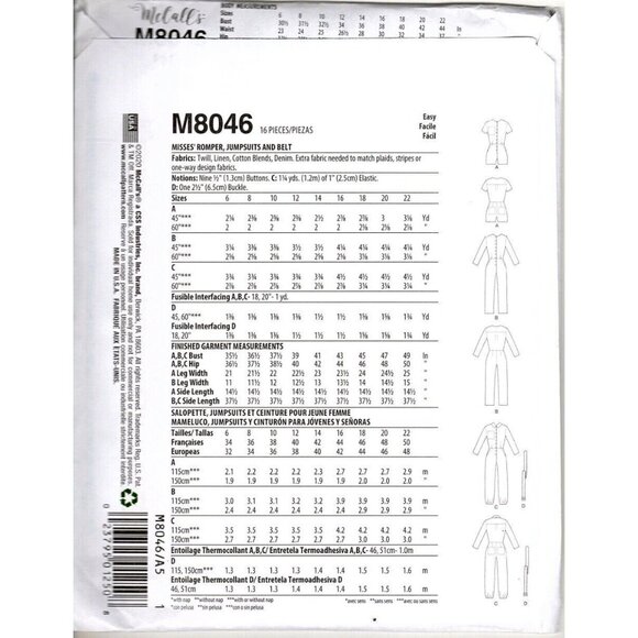 McCall's M8046 Misses 6 to 14 Jumpsuit and Rompers Uncut Sewing Pattern - Picture 2 of 2